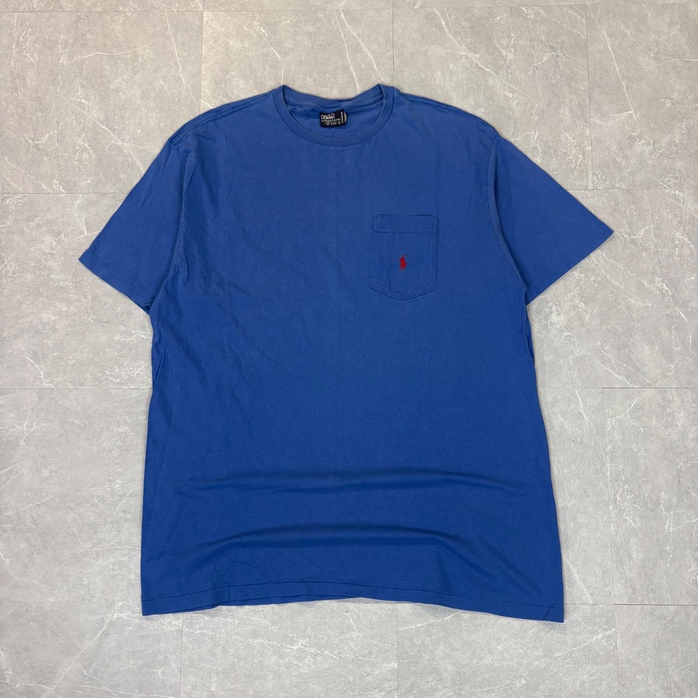 Vintage Polo Ralph Lauren Mens Blue Pocket T-Shirt Made in USA Red Pony Logo L